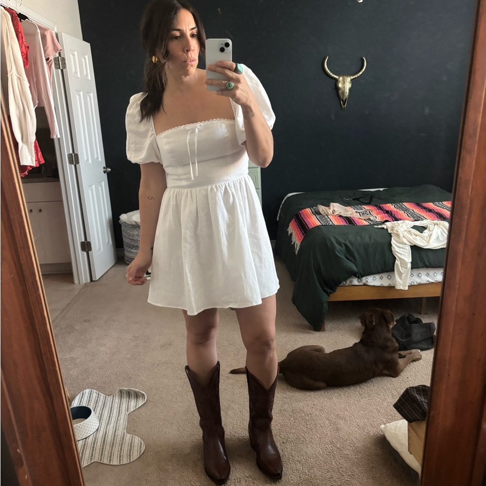 Reformation White Mini Dress with Puff Sleeves